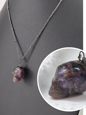 Hand Carved Amethyst Crystal Skull Pendant Necklace Gunmetal Multi Strand Chain